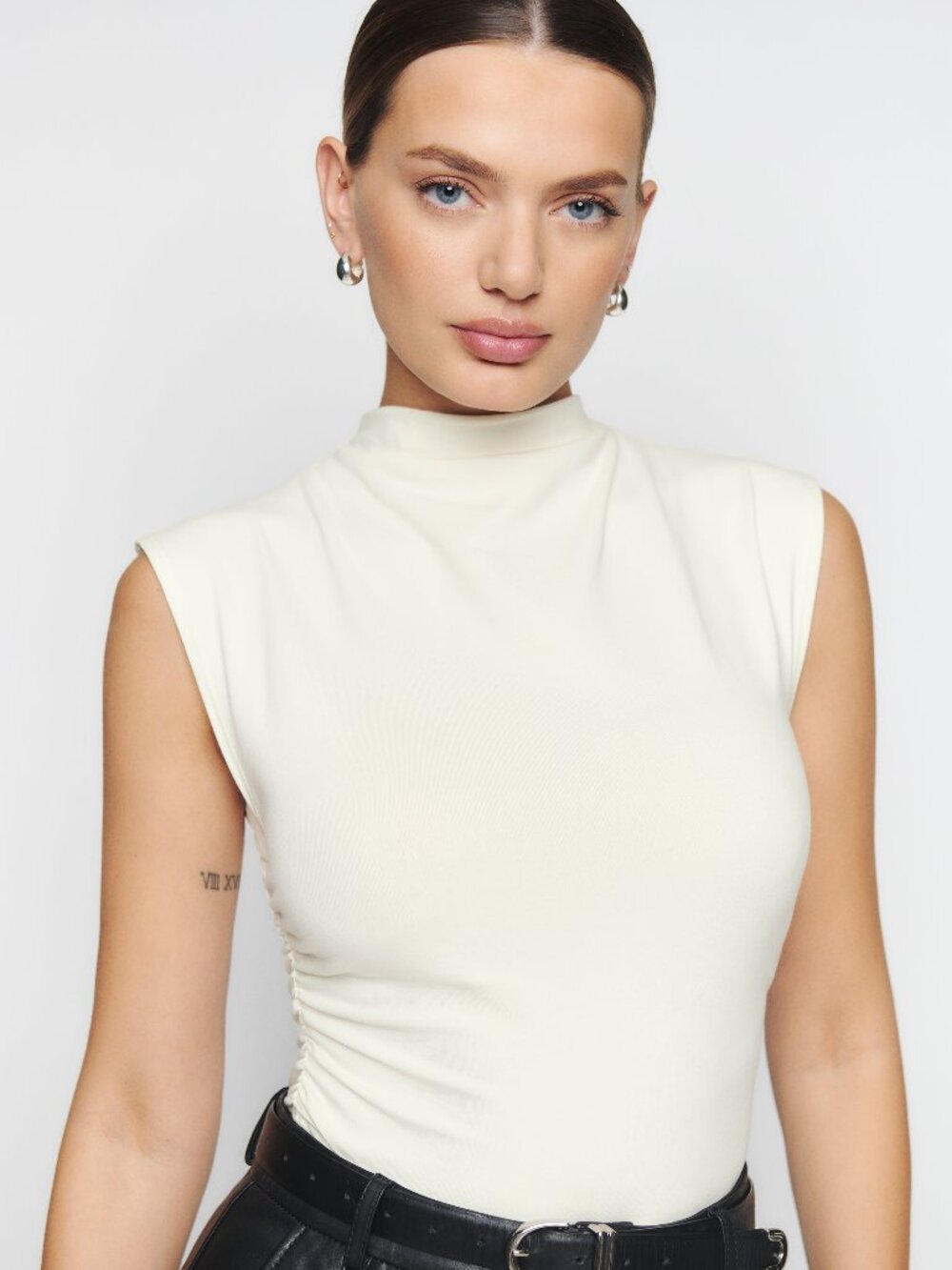 Reformation Lindy Knit Top Ivory Mock Neck Ruched Sleeveless S